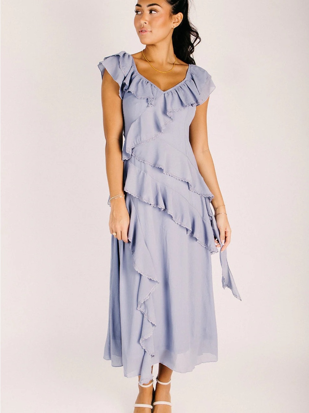 NWT Baevely Dusty Blue Maxi Ruffle Dress, Size S